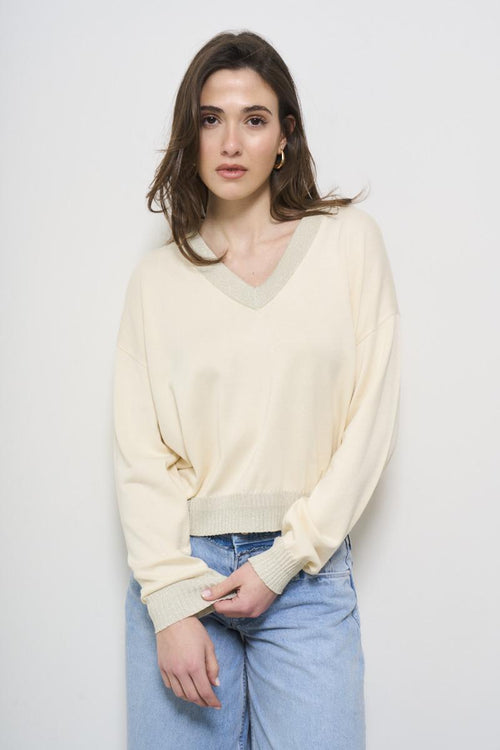 Maglia donna scollo a V panna