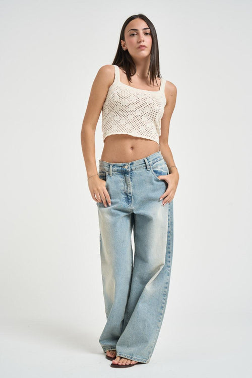 Top donna in maglia traforata panna - 1