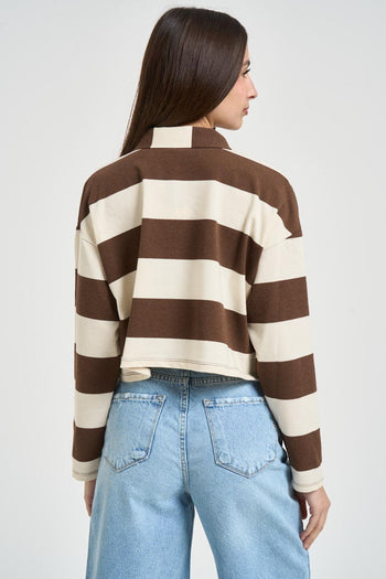 Polo donna a righe marrone e panna - 3