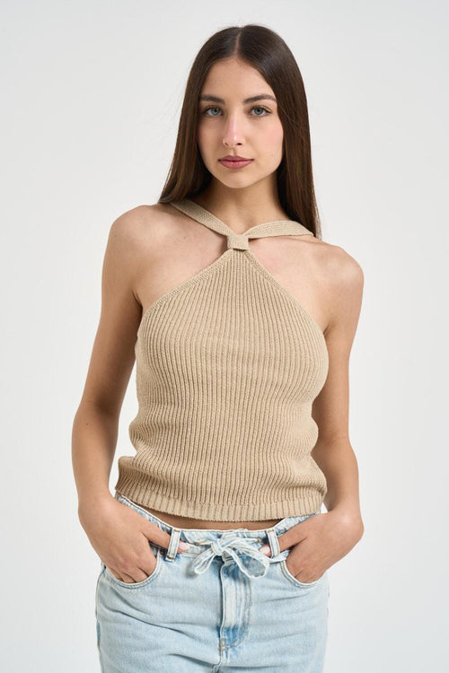 Top donna in maglia a costine beige