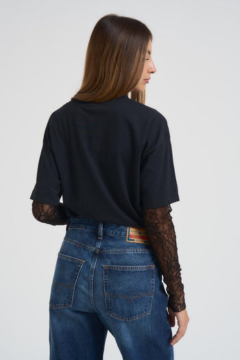 T-shirt donna nera con maniche in pizzo - 4