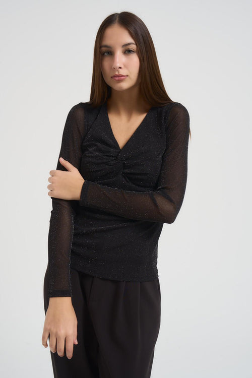 Top donna scollo a V nero con glitter - 2
