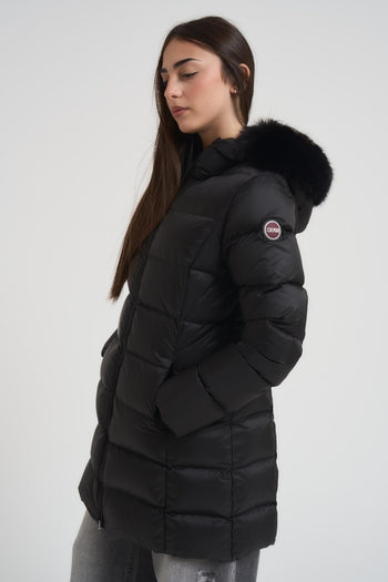 Piumino donna trapuntato con bordo in vera pelliccia nero - 4