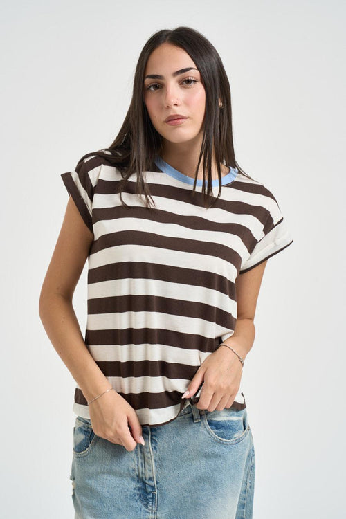 T-shirt donna a righe bianca e moro - 1