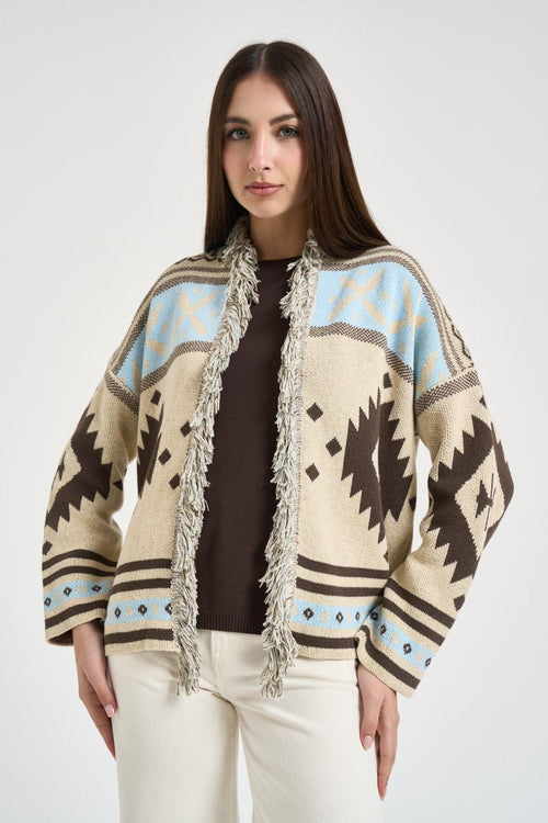 Cardigan donna jacquard beige e moro - 1