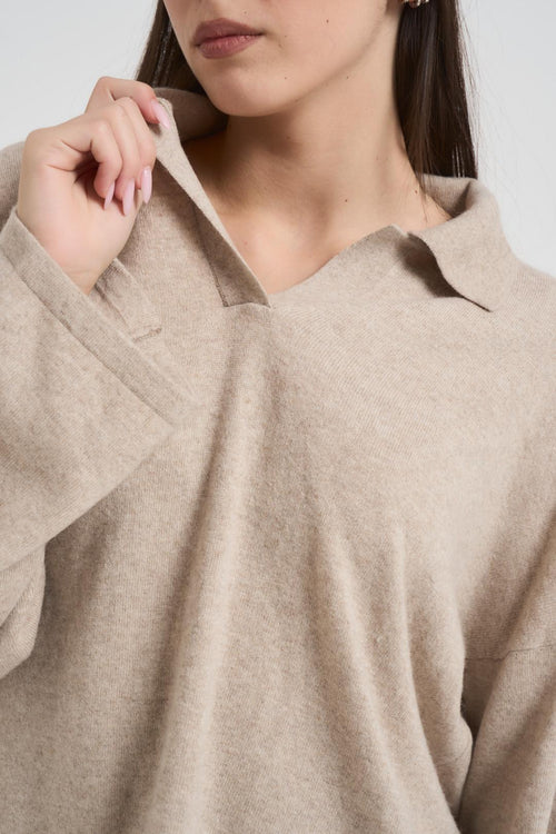 Polo donna scollo a V beige - 2