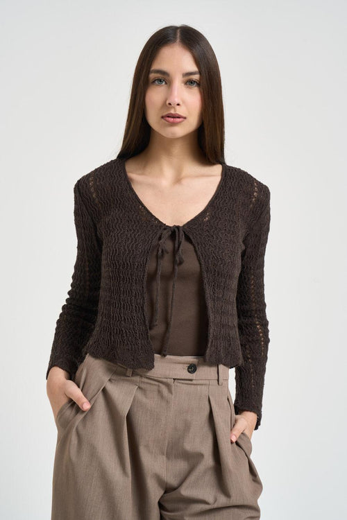 Cardigan donna in maglia traforata marrone - 1