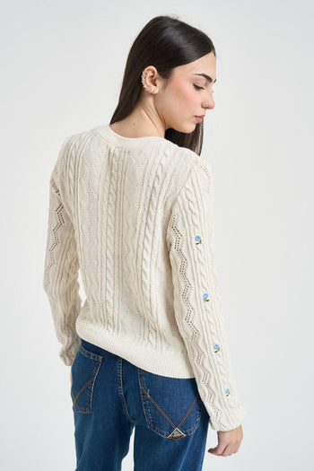 Maglia donna traforata ecru con fiorellini - 4