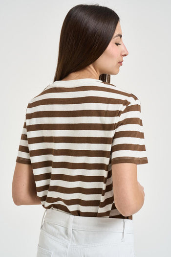 T-shirt donna a righe marrone e bianco - 3