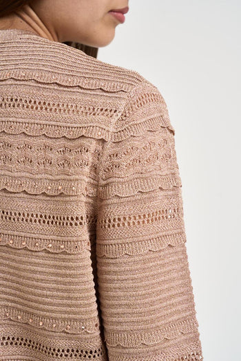 Cardigan donna in maglia traforata rosa cipria - 4