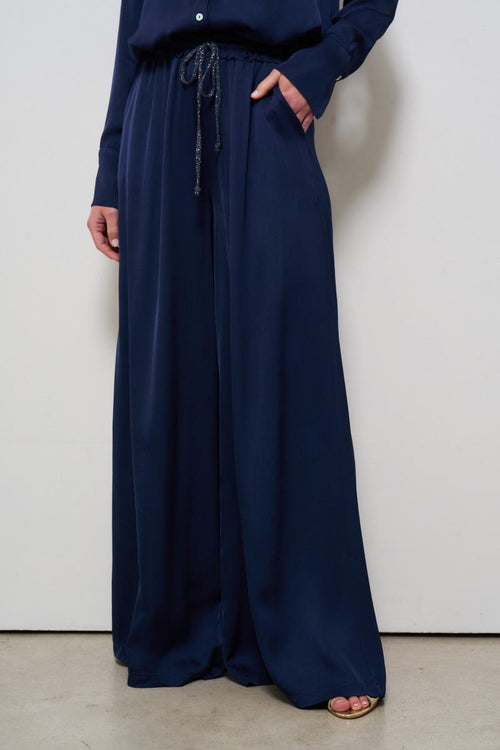 Pantalone donna a palazzo satinato blu - 2