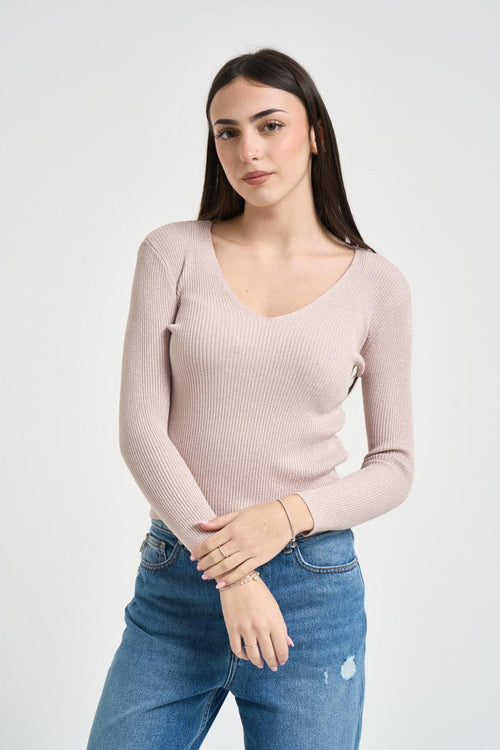 Maglia donna rosa cipria a costine