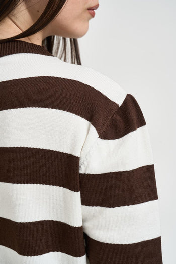 Maglia donna girocollo a righe bianca e marrone - 4