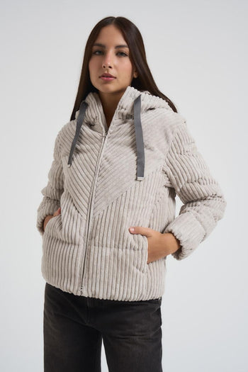 Piumino con cappuccio in velluto a coste panna donna - 3