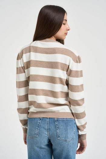 Maglia donna girocollo a righe bianca e beige - 3