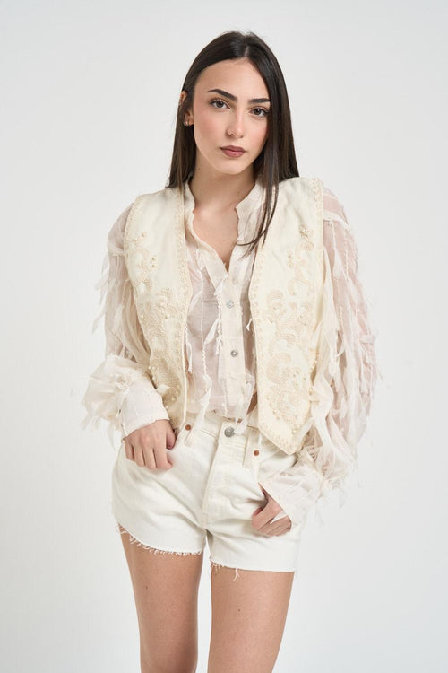 Gilet donna in cotone panna con ricami a contrasto - 2