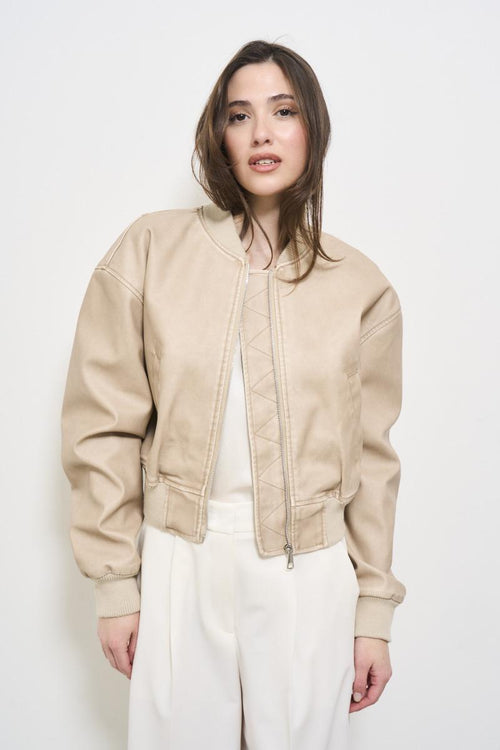 Beige women's bomber jacket in eco-leather