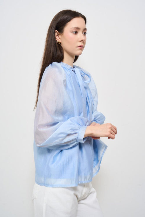 Camicia donna celeste con fiocco - 2