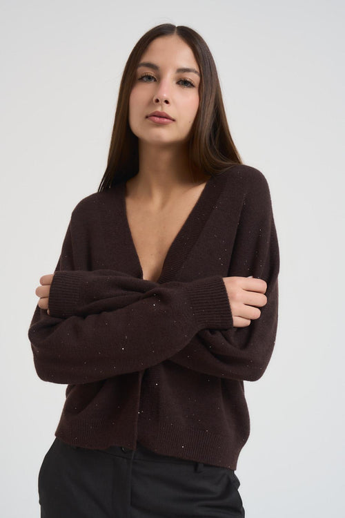 Cardigan donna scollo a V con strass marrone