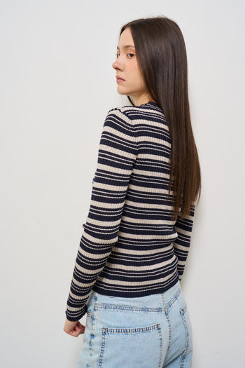 T-shirt donna girocollo a righe blu - 5