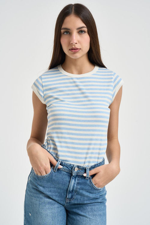 T-shirt donna a righe celeste e bianca