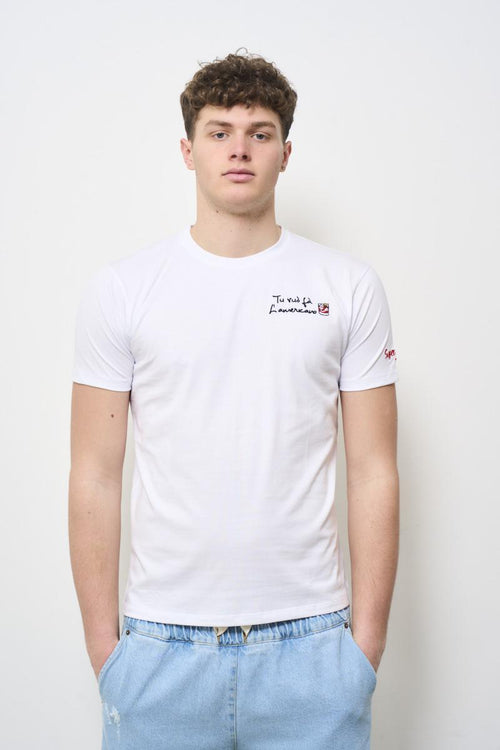 T-shirt uomo girocollo bianca con ricamo<BR/>