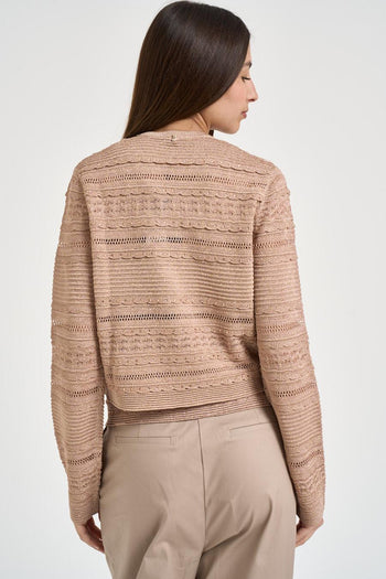 Cardigan donna in maglia traforata rosa cipria - 3