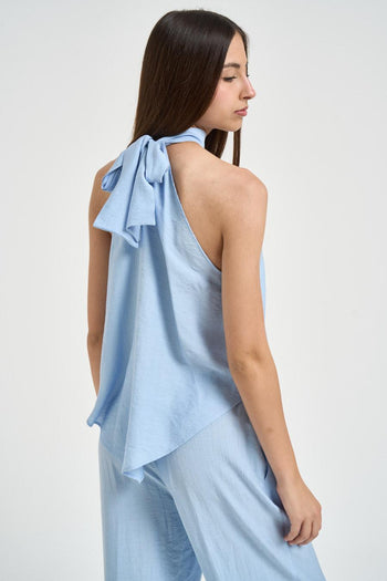 Blusa donna con fiocco sul retro celeste - 4