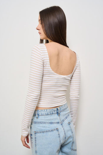 T-shirt donna a righe beige - 3