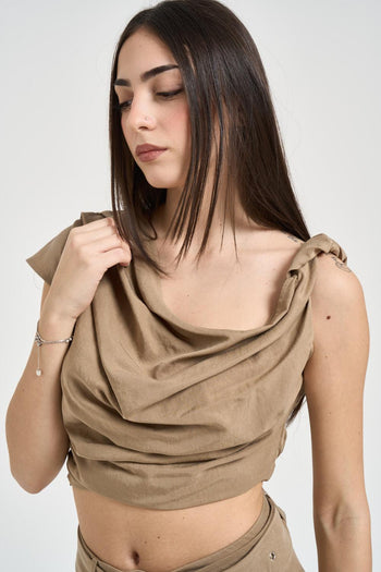 Top donna drappeggiato cropped sabbia - 3