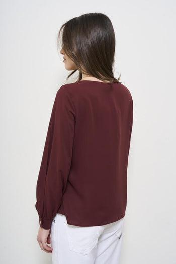 Women's burgundy cut-out crew neck blouse - 3