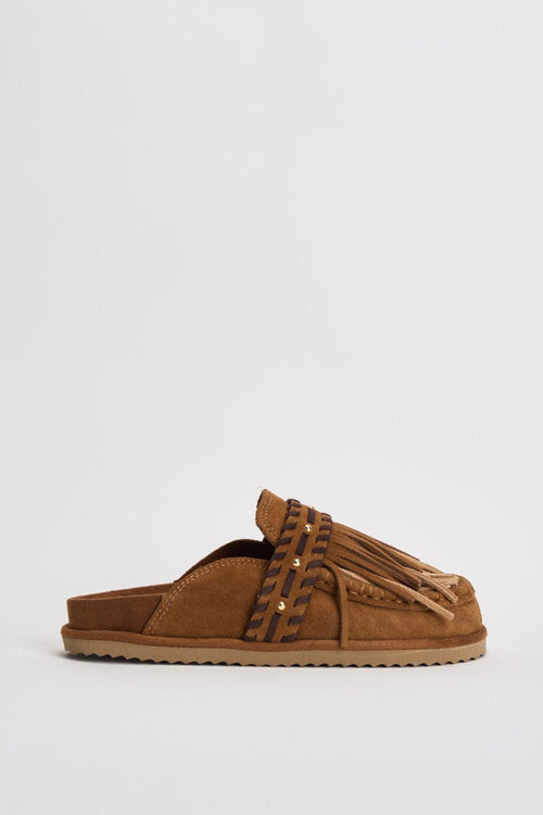 Sabot donna con frange in suede marrone