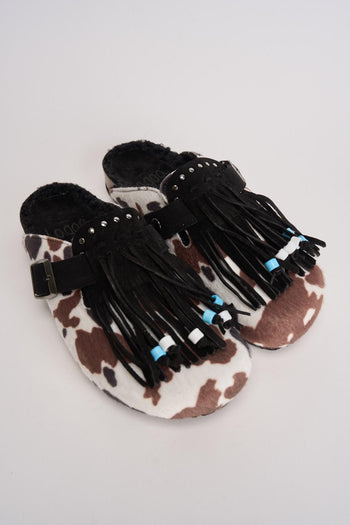 Sabot donna in suede animalier con frange - 5