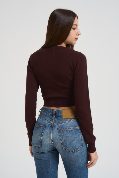 Maglia donna girocollo cropped marrone - 2