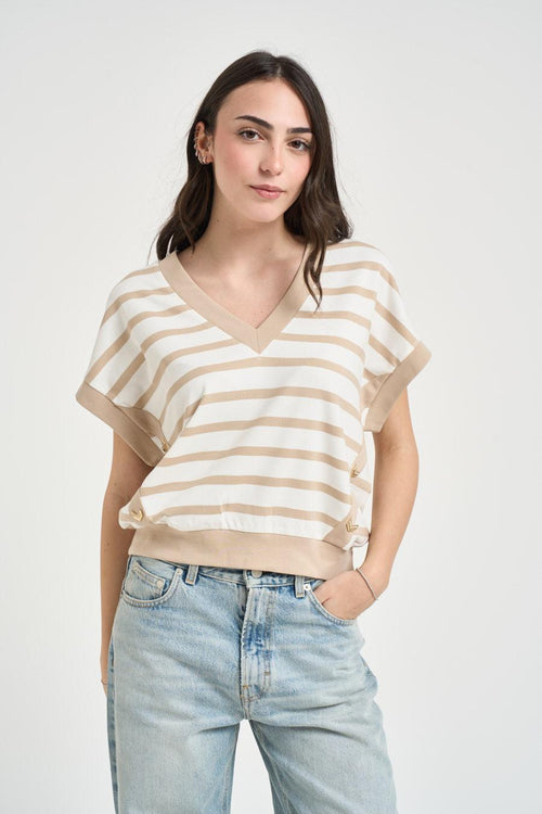 T-shirt donna a righe bianca e beige