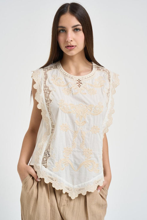 Blusa donna panna con dettagli in pizzo