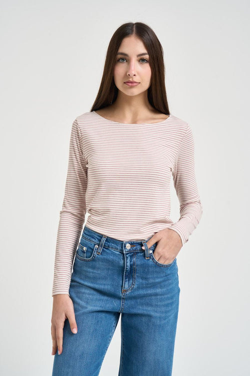 Maglia donna a righe bianca e rosa - 1