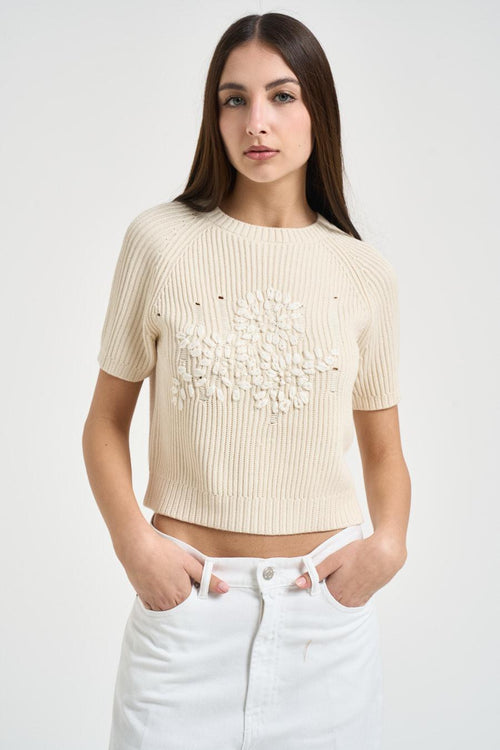 Top donna in maglia a costine giallo pastello