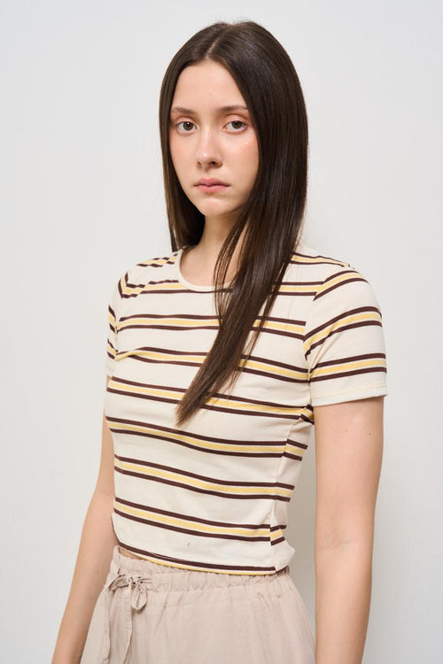 T-shirt donna girocollo a righe beige e panna - 2