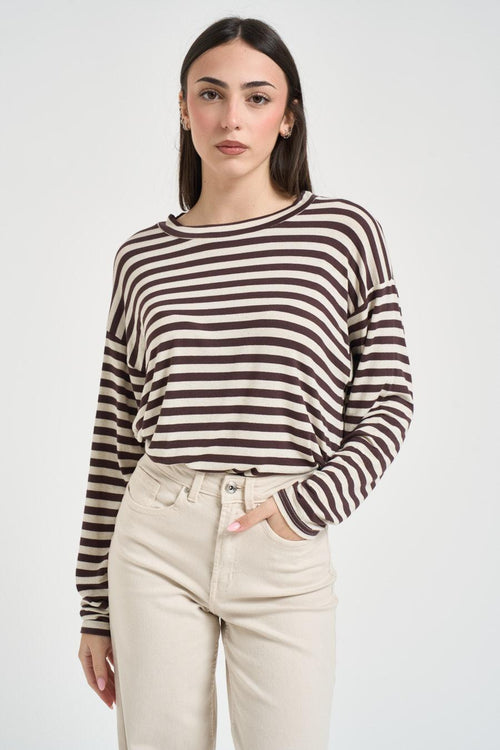 Maglia donna girocollo a righe marrone - 1