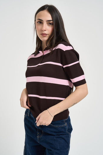 Polo donna a righe marrone e rosa - 3
