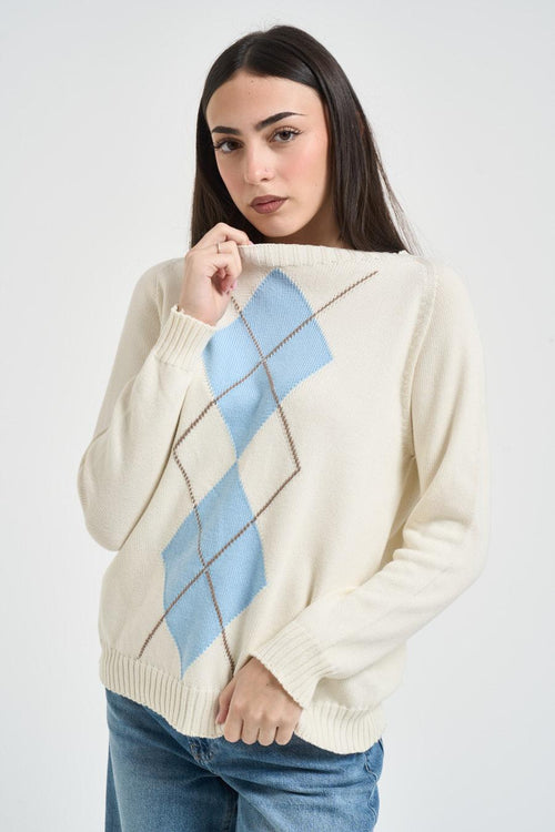 Maglia donna girocollo con rombi panna