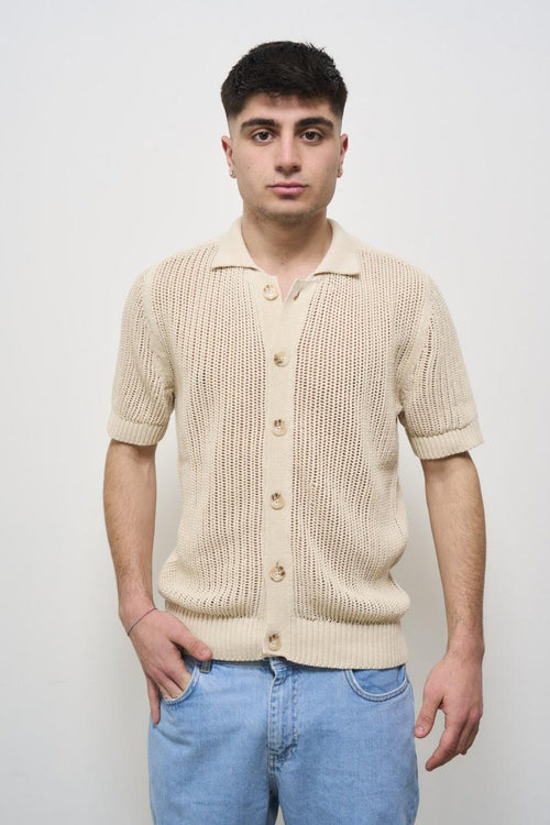 Beige perforated men's polo shirt