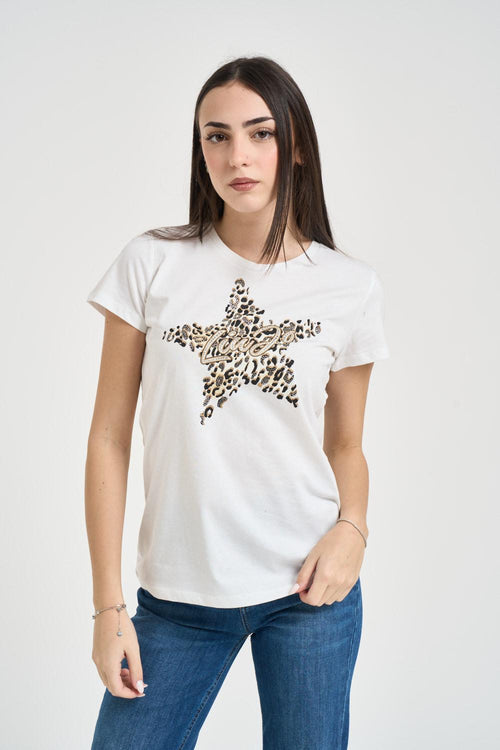 T-shirt donna girocollo con strass bianca