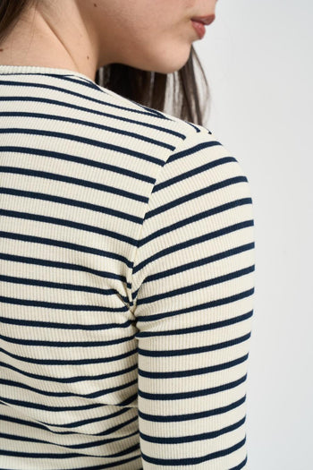 Maglia donna a righe blu e panna - 5