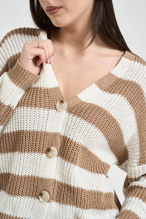 Cardigan donna a righe bianche e beige - 2