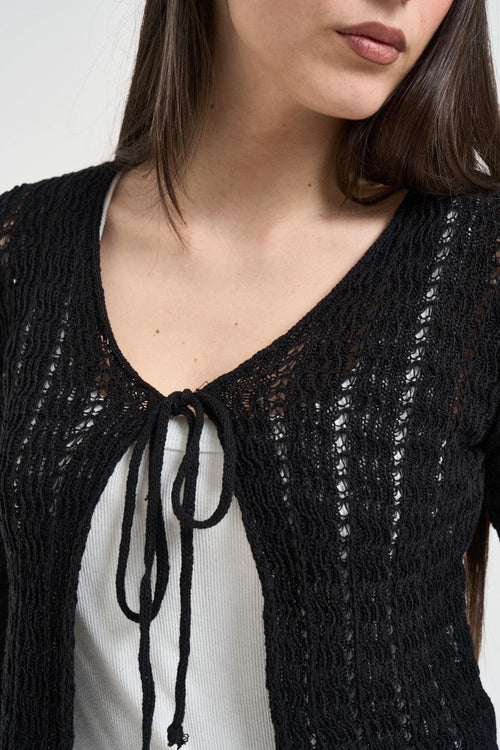 Cardigan donna in maglia traforata nero - 2