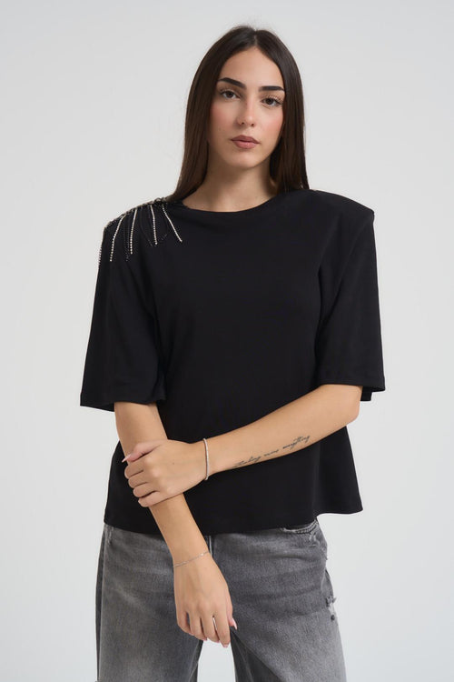 T-shirt donna girocollo nera con strass