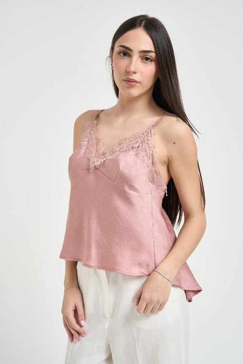 Top donna inserti in pizzo rosa