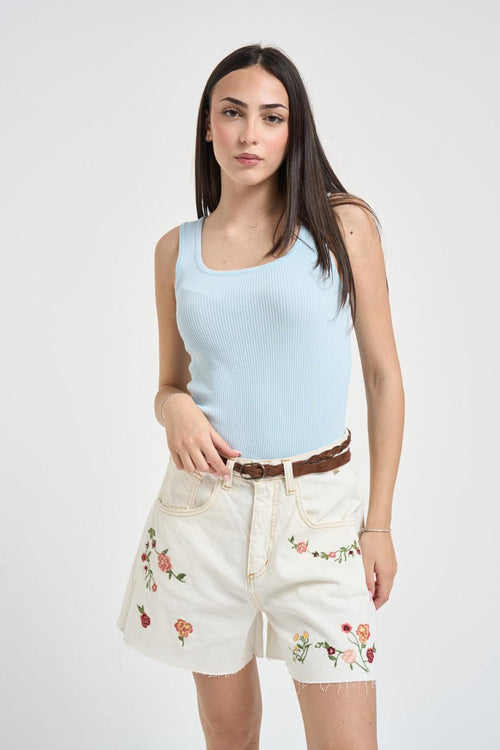 Top donna a costine celeste
